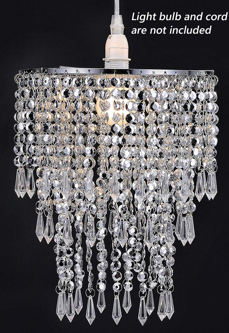 Waneway 3 Tier Beads Pendant Shade, Ceiling Chandelier Lampshade with Acrylic Jewel Droplets, Beaded Lampshade with Chrome Frame and Sparkling Beads, Diameter 8.7 inches, Silver - Image 2